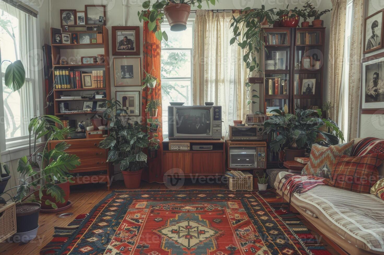 A cozy vintage living room filled with plants, classic TVs, vibrant curtains, a patterned rug, and a comfortable sofa, reflecting a nostalgic ambiance. photo
