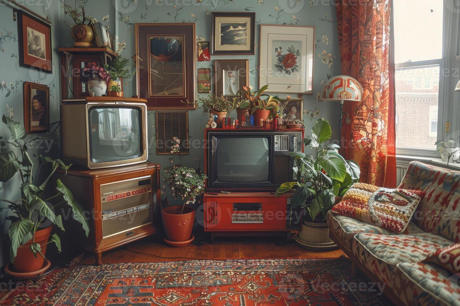 A cozy vintage living room filled with plants, classic TVs, vibrant curtains, a patterned rug, and a comfortable sofa, reflecting a nostalgic ambiance. photo