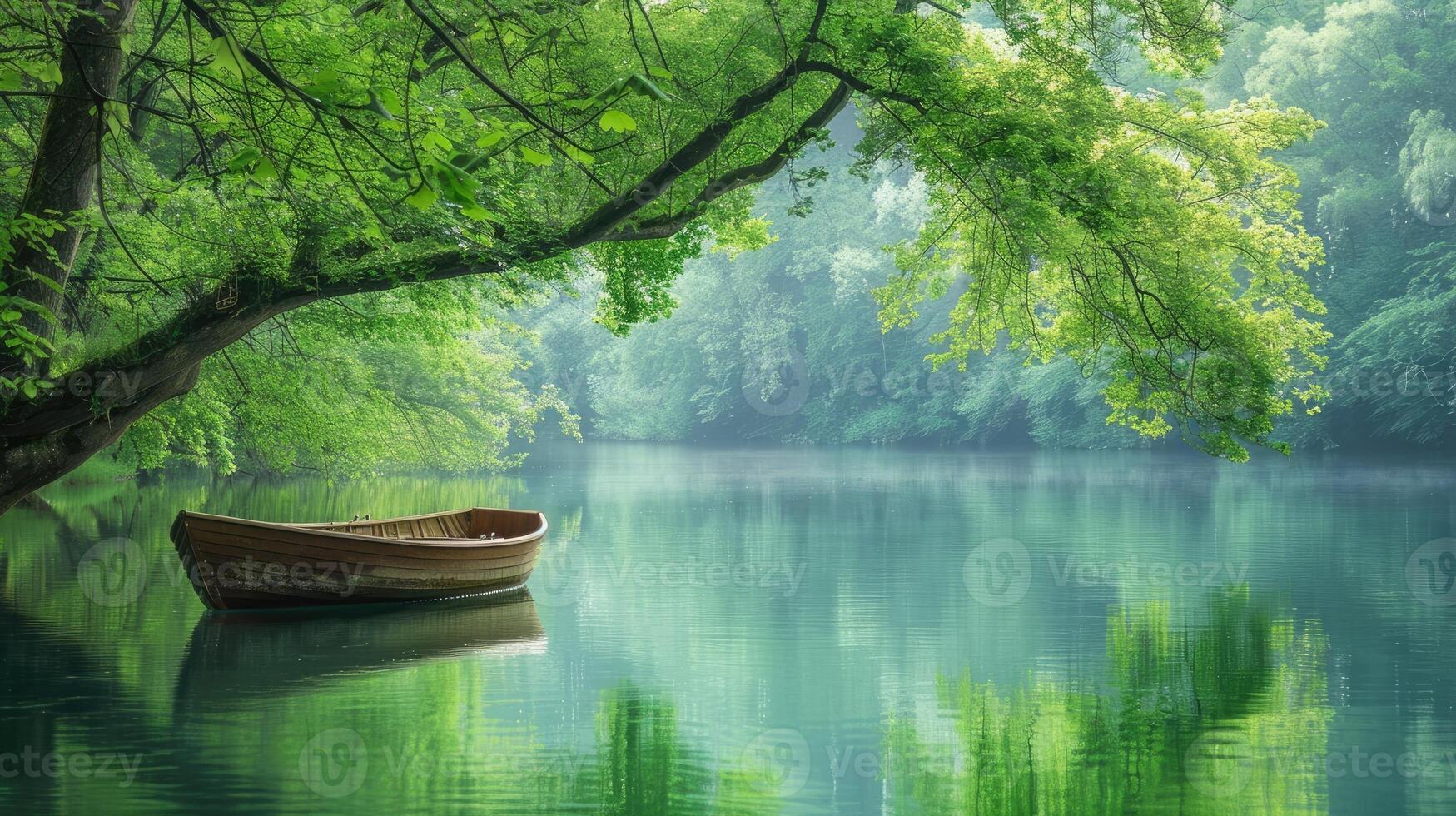 Serene boat on a calm river surrounded by lush greenery. photo