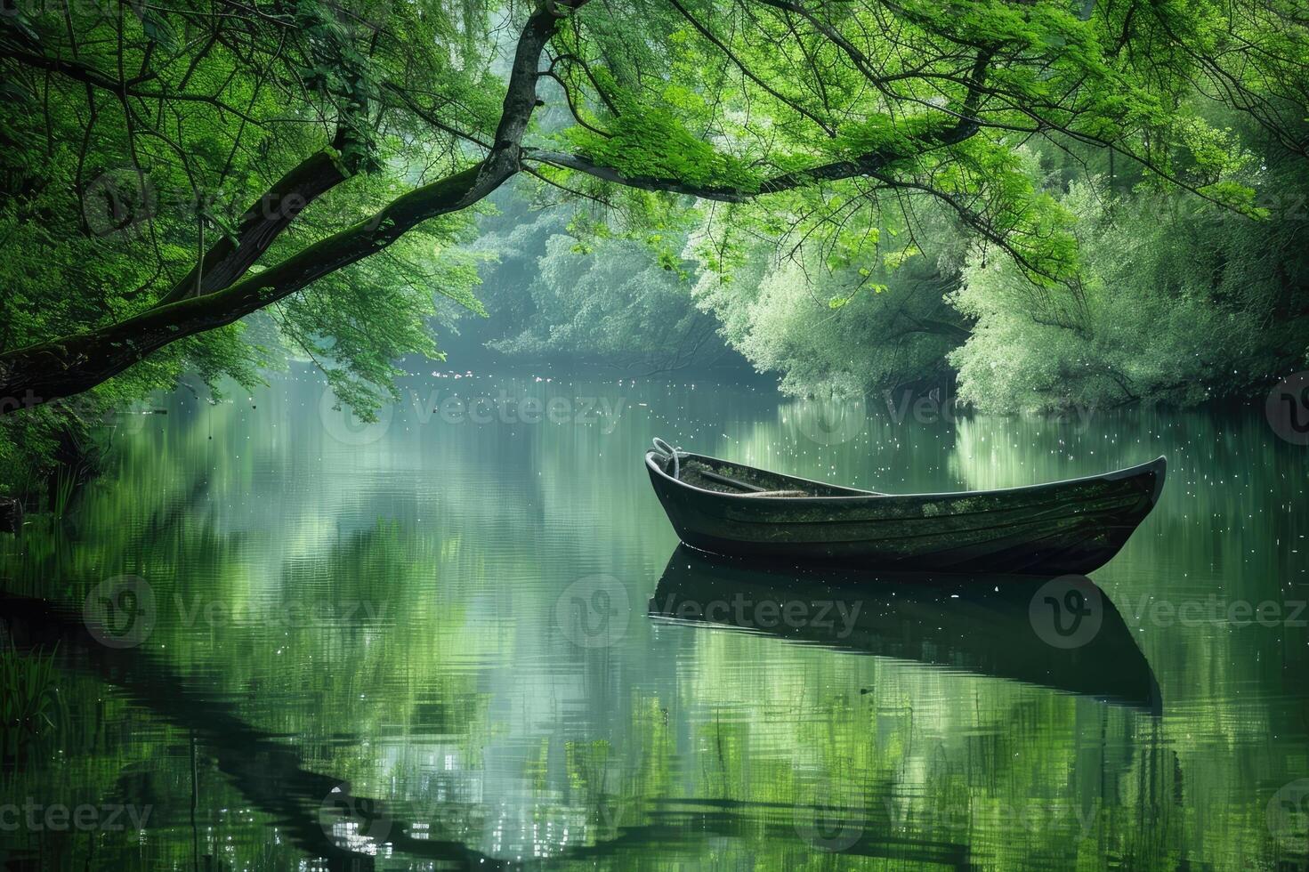 Serene boat on a calm river surrounded by lush greenery. photo