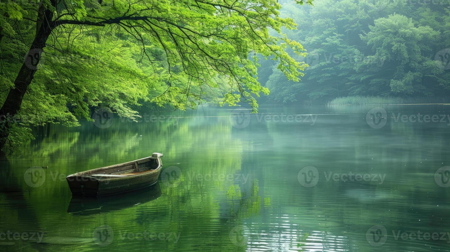 Serene boat on a calm river surrounded by lush greenery. photo