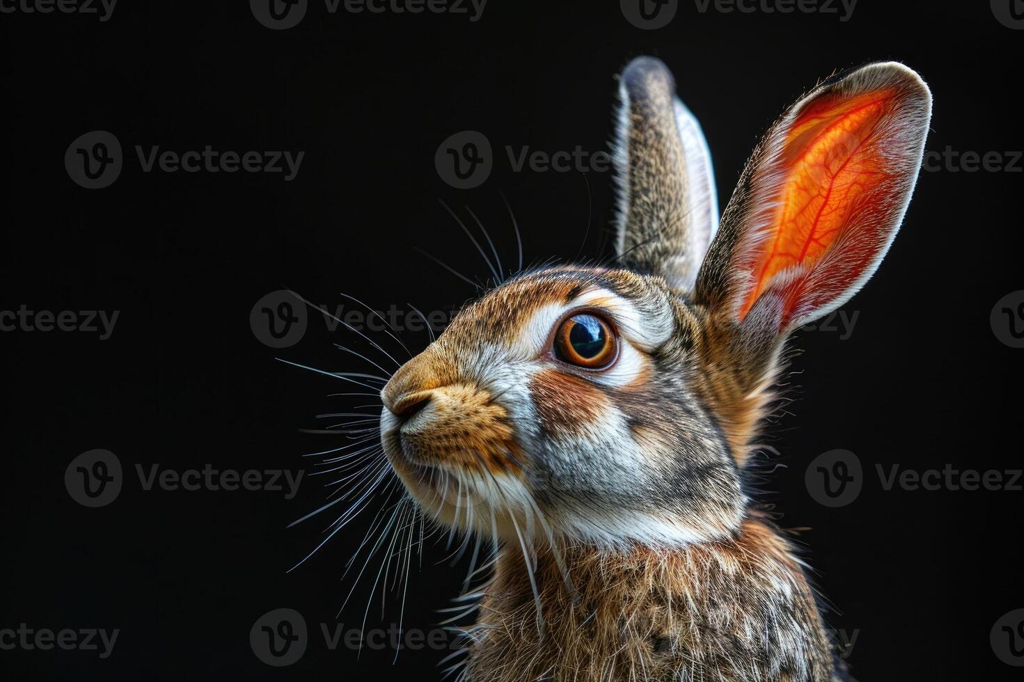 Close-up of a rabbit with a black background, profile view photo