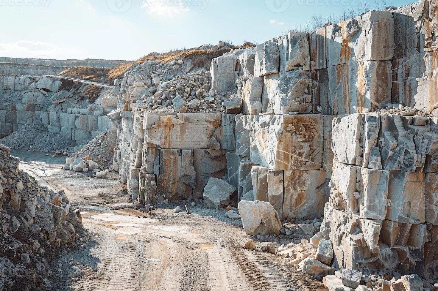A vast quarry with rugged rock formations photo