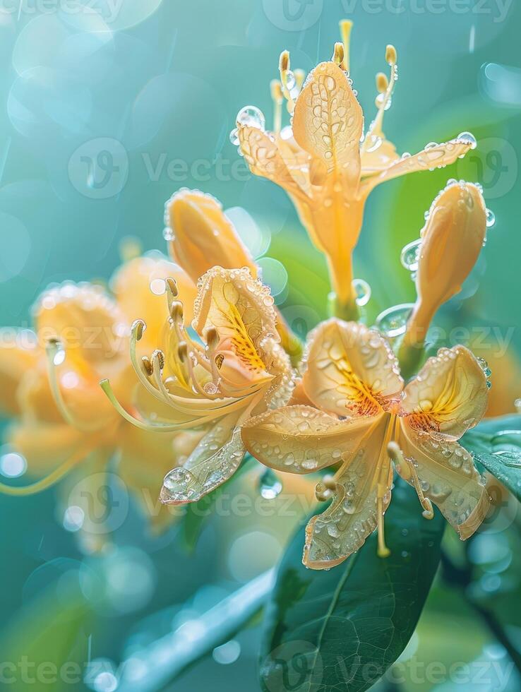 Close-up of fresh honeysuckle blooms covered in dew drops against a sunlit green background photo
