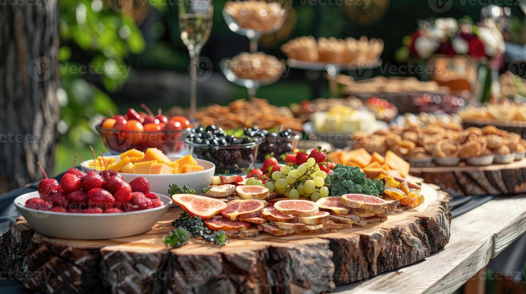 A beautifully arranged outdoor buffet table featuring a vibrant assortment of fruits, vegetables, and various appetizers, ideal for a garden party or special event. photo