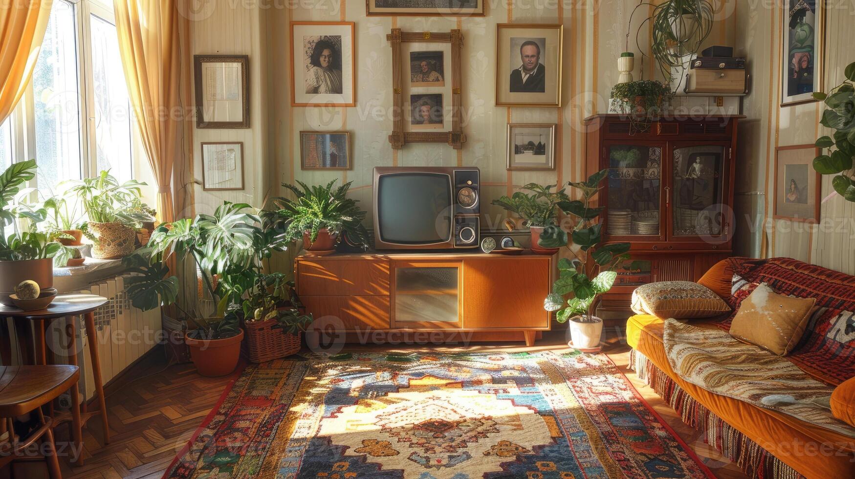 A cozy vintage living room filled with plants, classic TVs, vibrant curtains, a patterned rug, and a comfortable sofa, reflecting a nostalgic ambiance. photo
