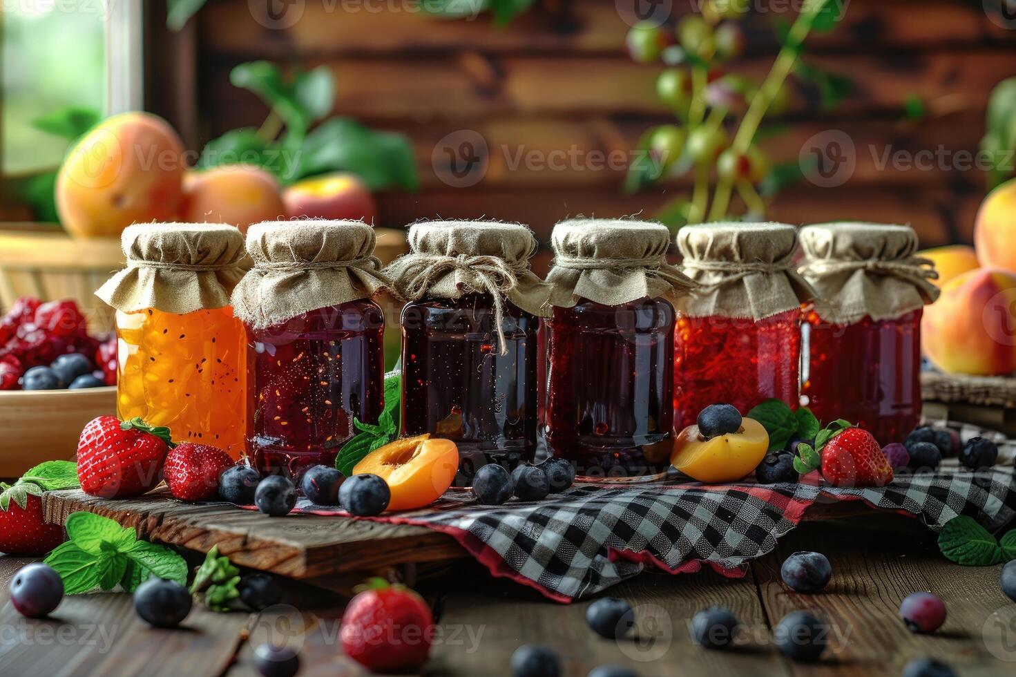 Homemade jams in jars with fruits photo