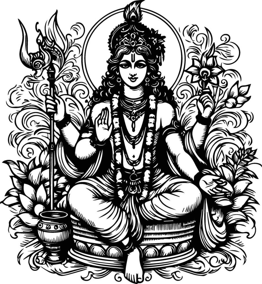 Sketch hand drawn single line drawing Lord Krishna vector