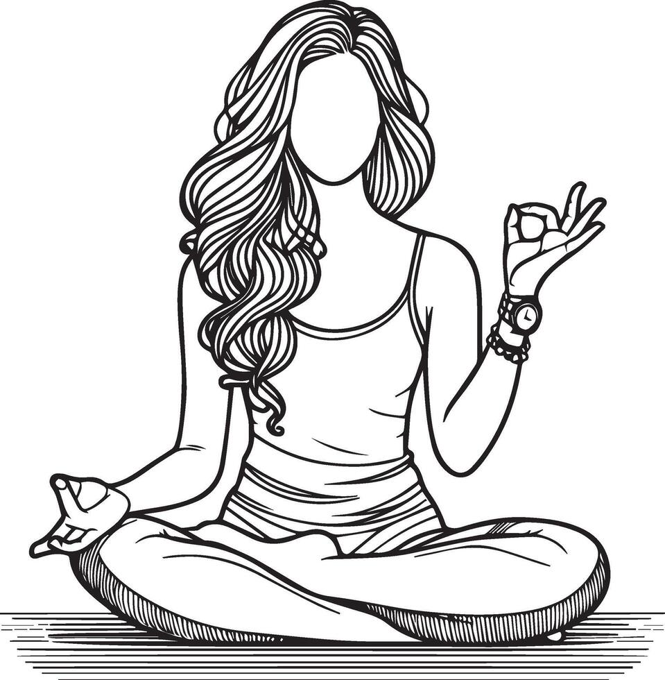 A line art illustration of a woman sitting on the floor in a meditation pose vector