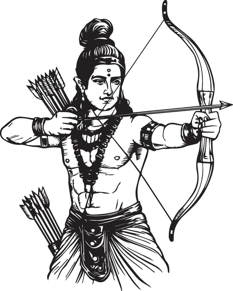 Line art coloring page line drawing lord rama with a bow and arrow, vector