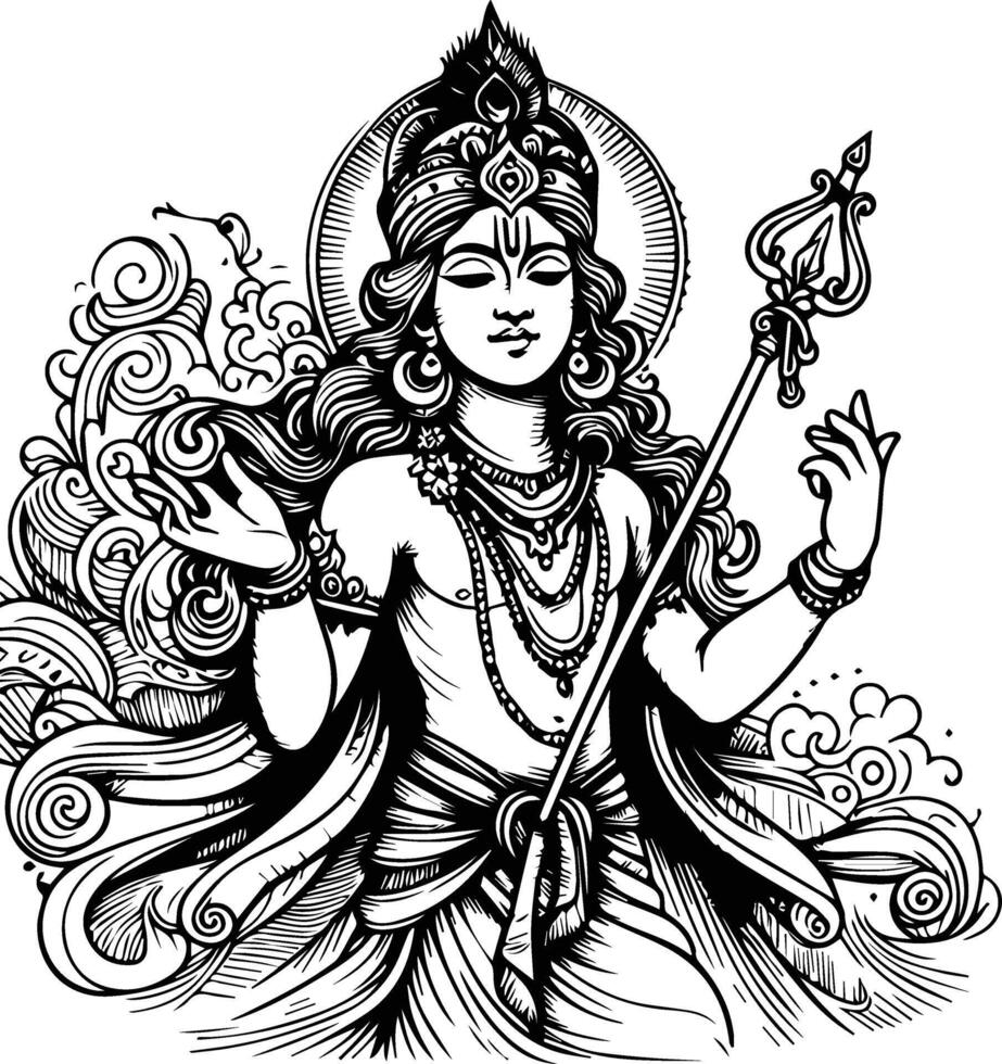 Sketch hand drawn single line drawing Lord Krishna vector