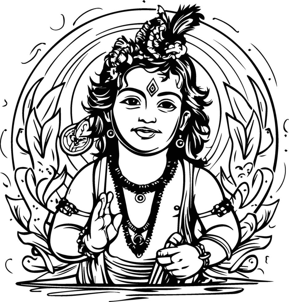 Coloring page line drawing lord Krishna vector