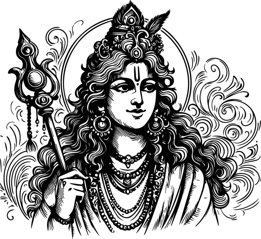 Sketch hand drawn single line drawing Lord Krishna vector