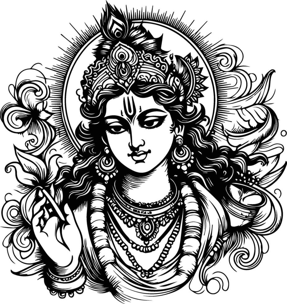 Sketch hand drawn single line drawing Lord Krishna vector