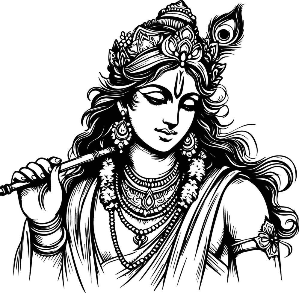 Sketch hand drawn single line drawing Lord Krishna vector