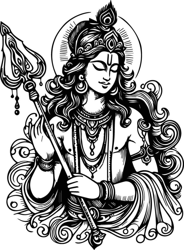 Sketch hand drawn single line drawing Lord Krishna vector