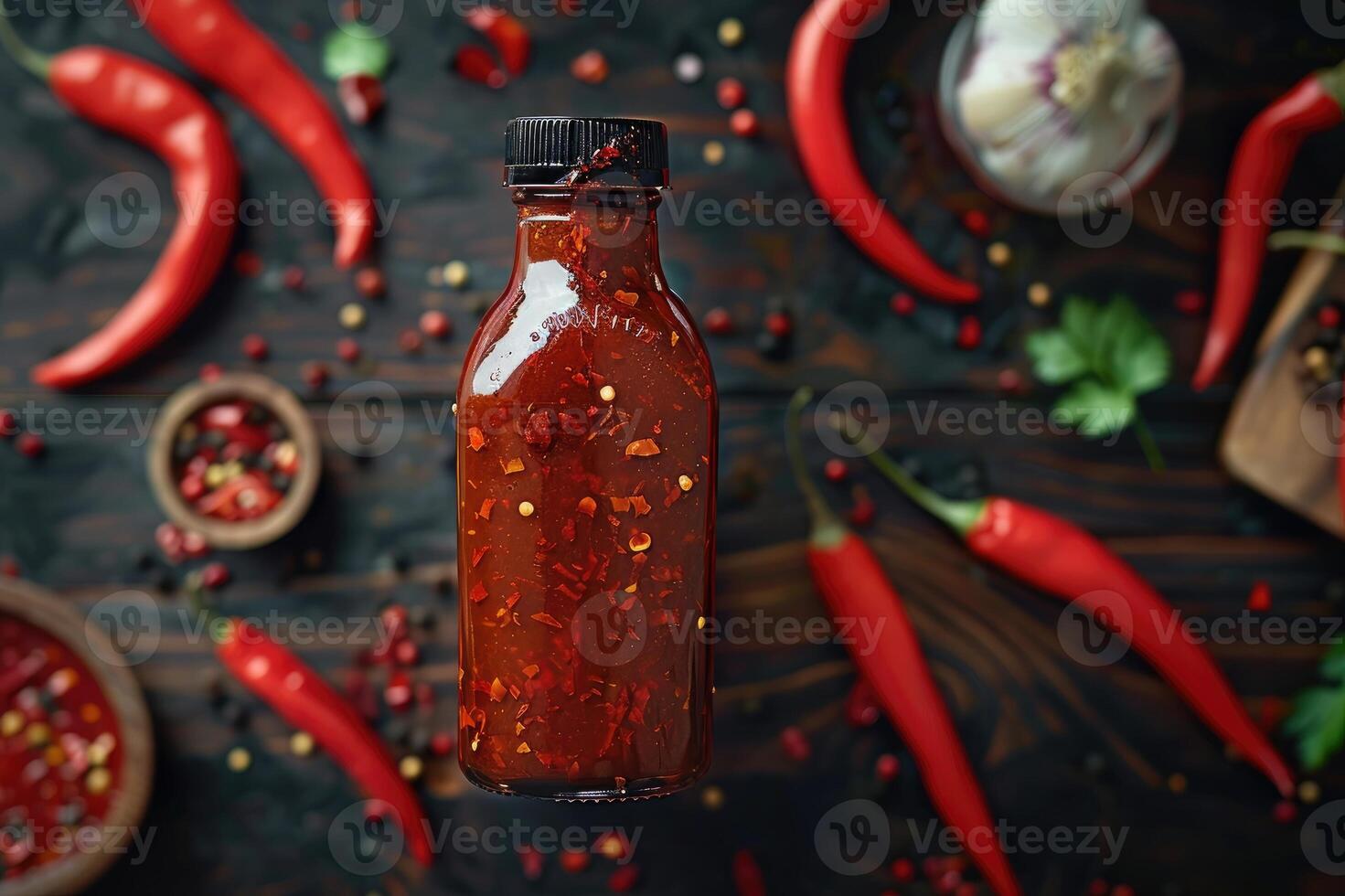 Bottle of spicy sauce with red hot chili pepper. photo