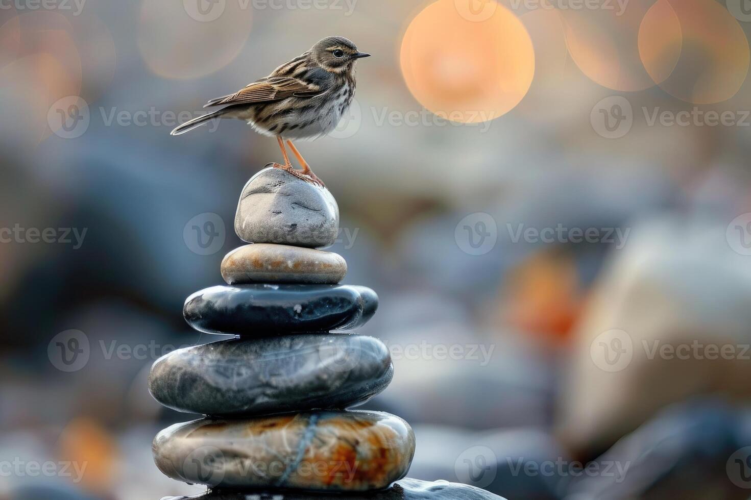 A small bird perches atop a balanced stack of smooth stones photo