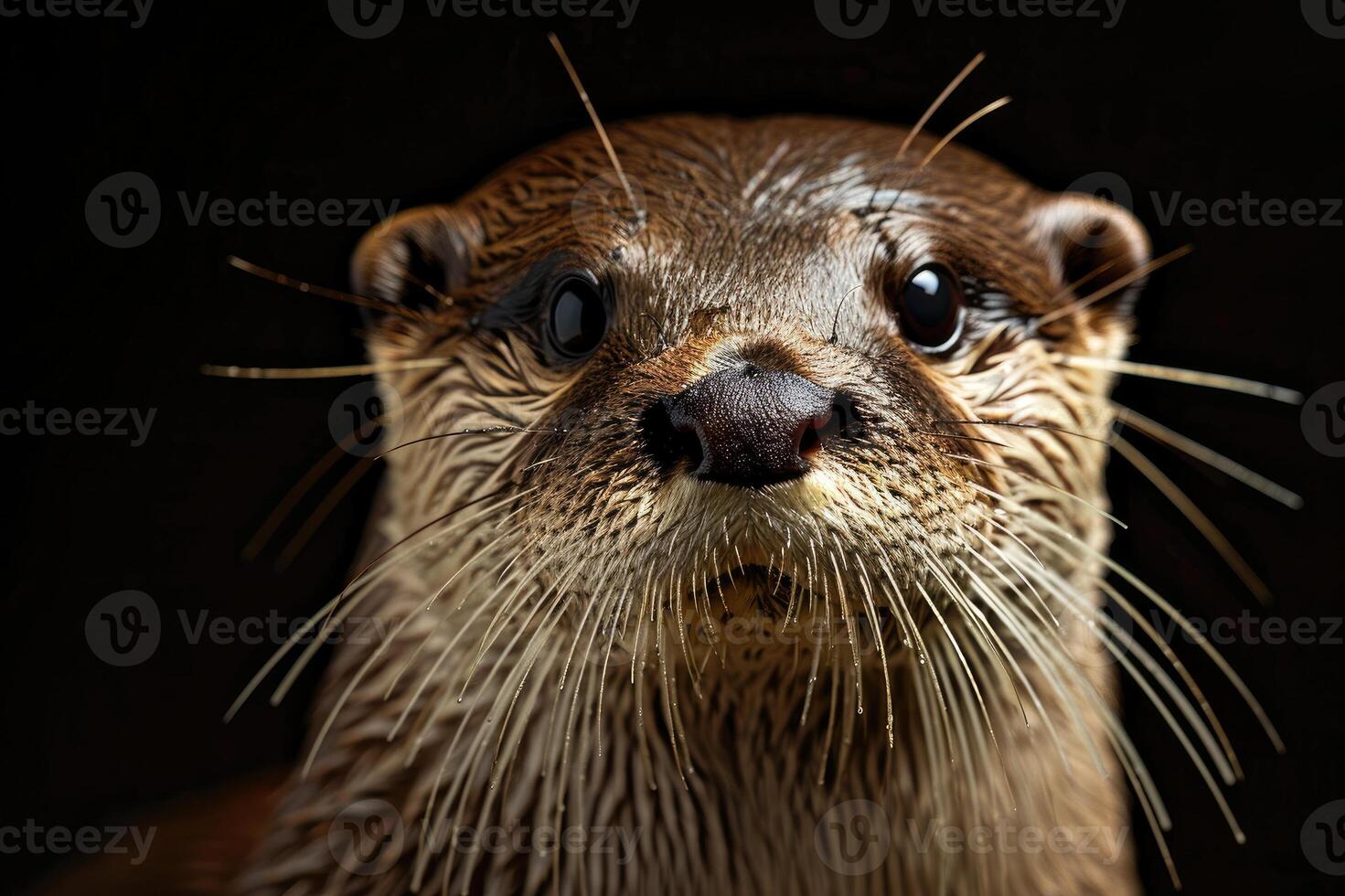 Close-up of a river otter with detailed fur texture with dark background photo