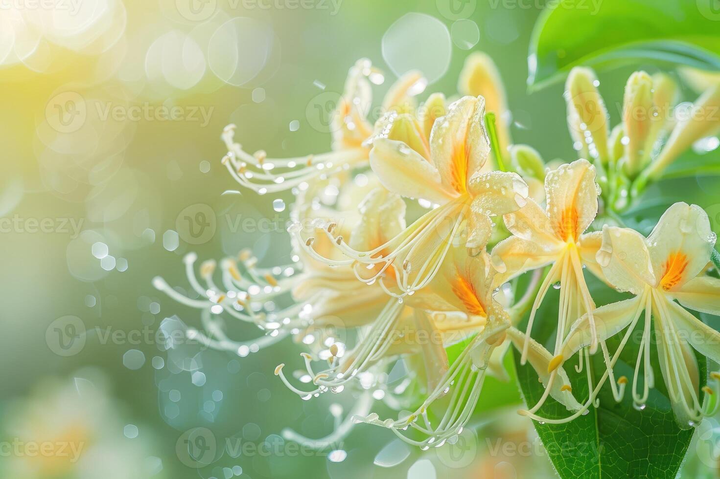 Close-up of fresh honeysuckle blooms covered in dew drops against a sunlit green background photo