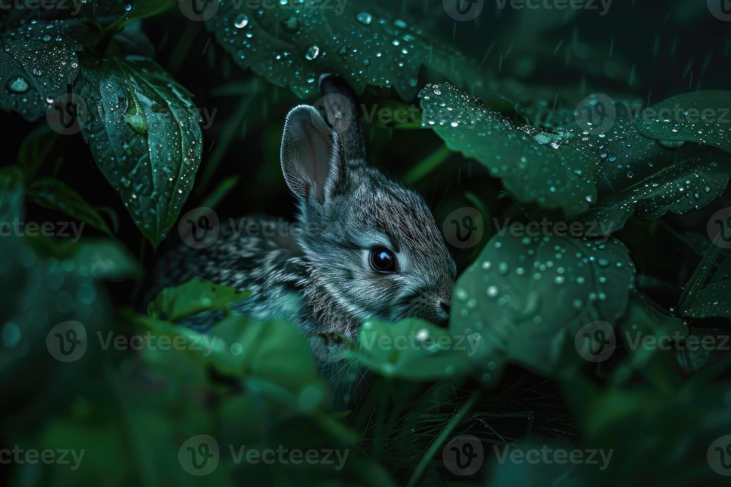 A young rabbit sits among wet grass with water droplets. photo