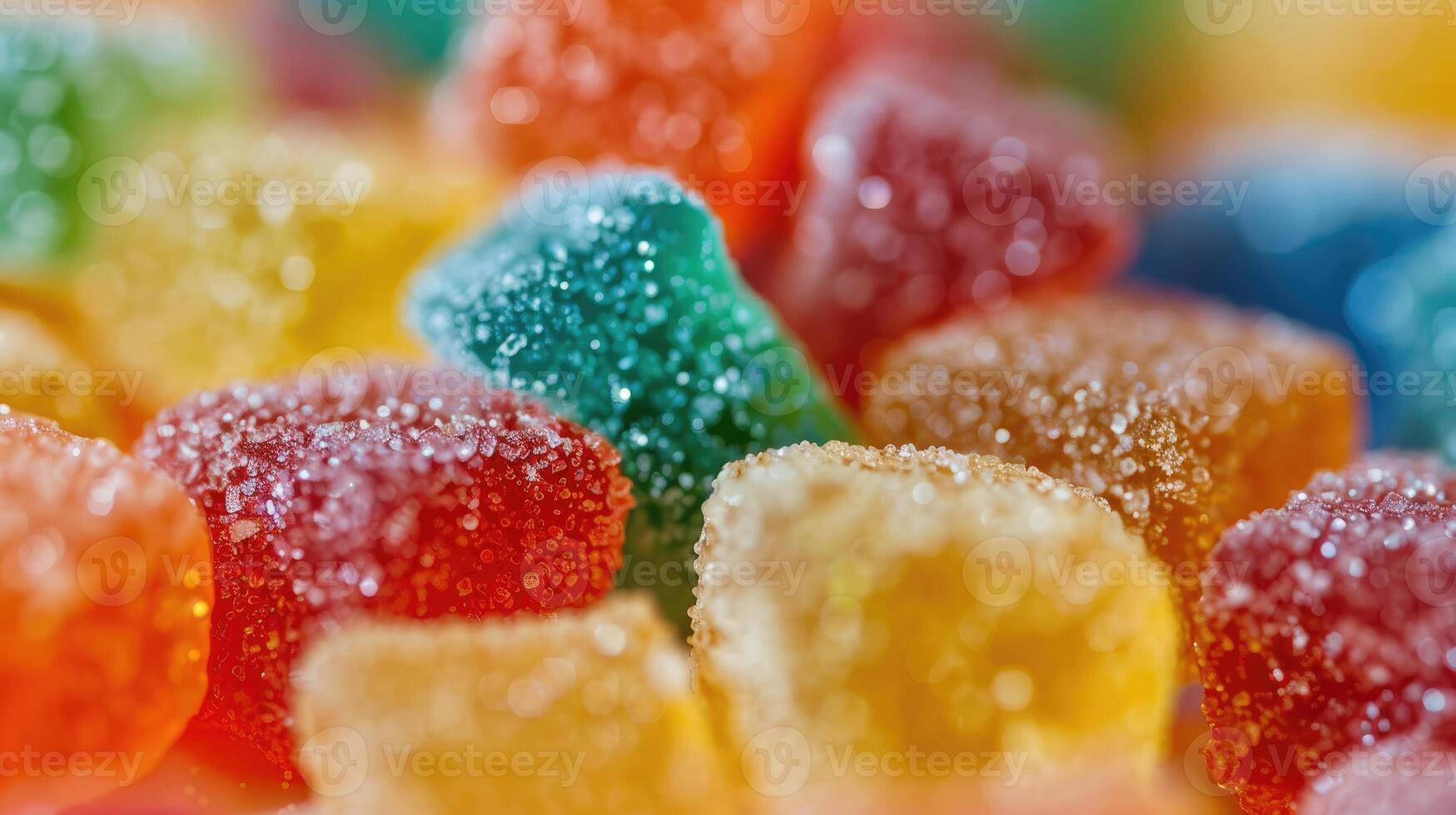 Assorted sugar-coated Gummy candies, highlighting their texture and bright colors photo