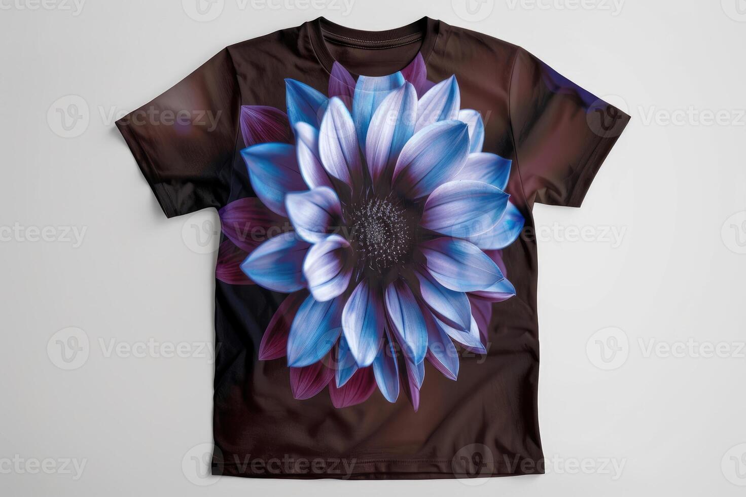 A colorful t-shirt featuring a realistic and vibrant blue flower design dominating the front side photo