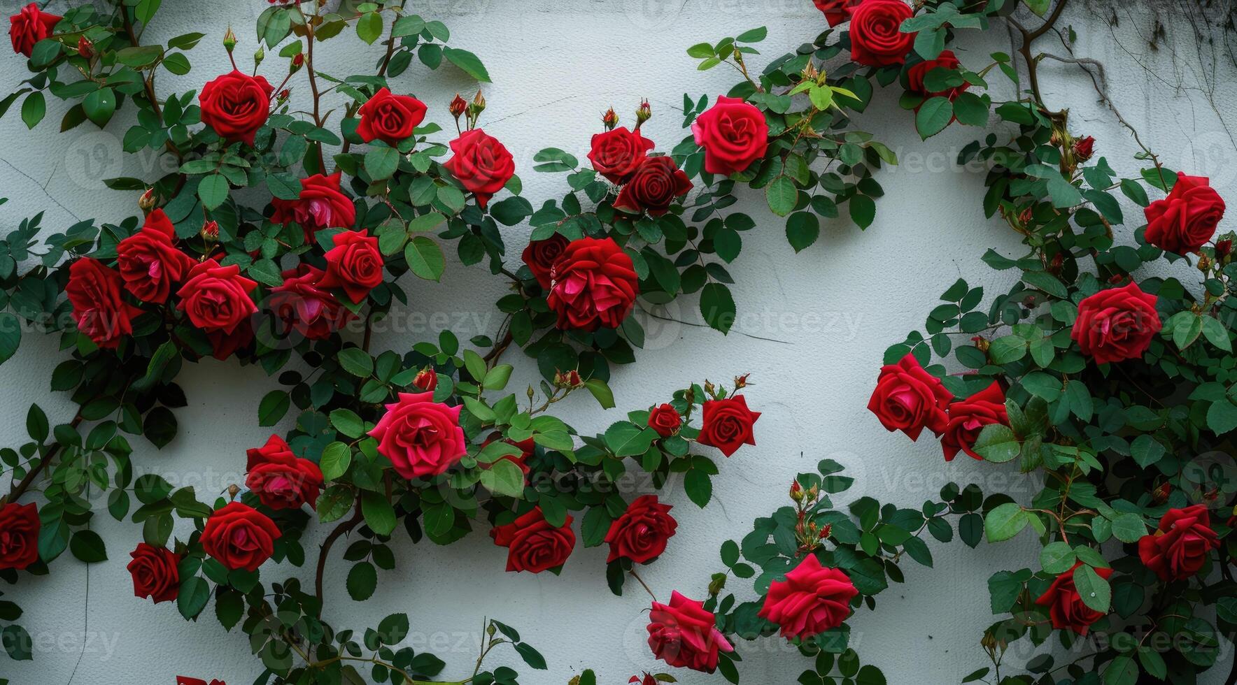 Shrub of red roses growing over a textured white wall photo