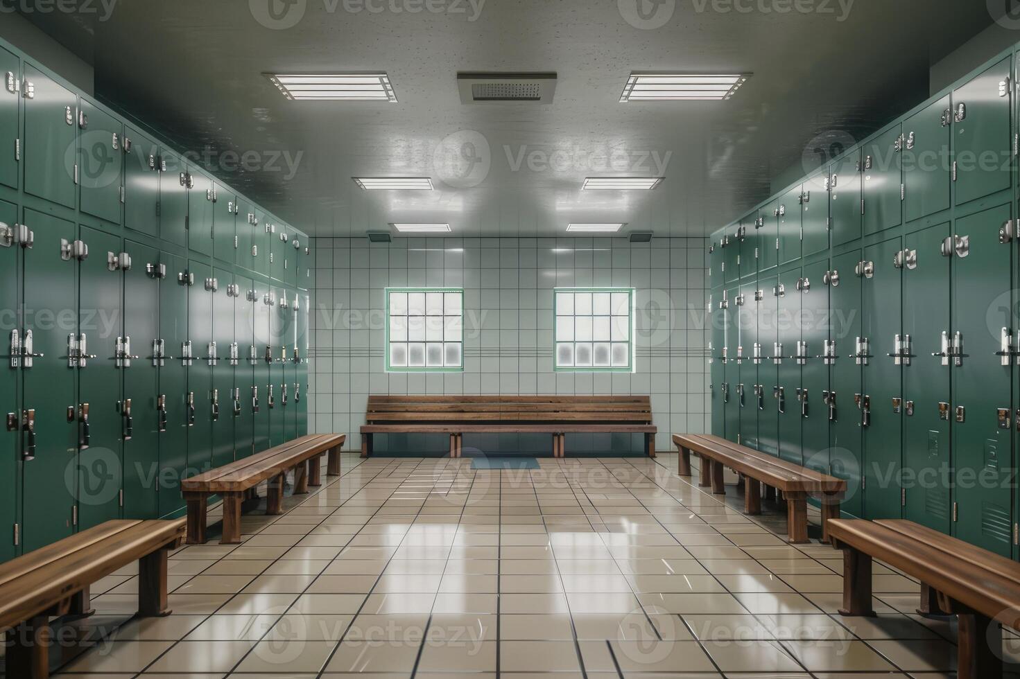 Empty green locker room with benches photo