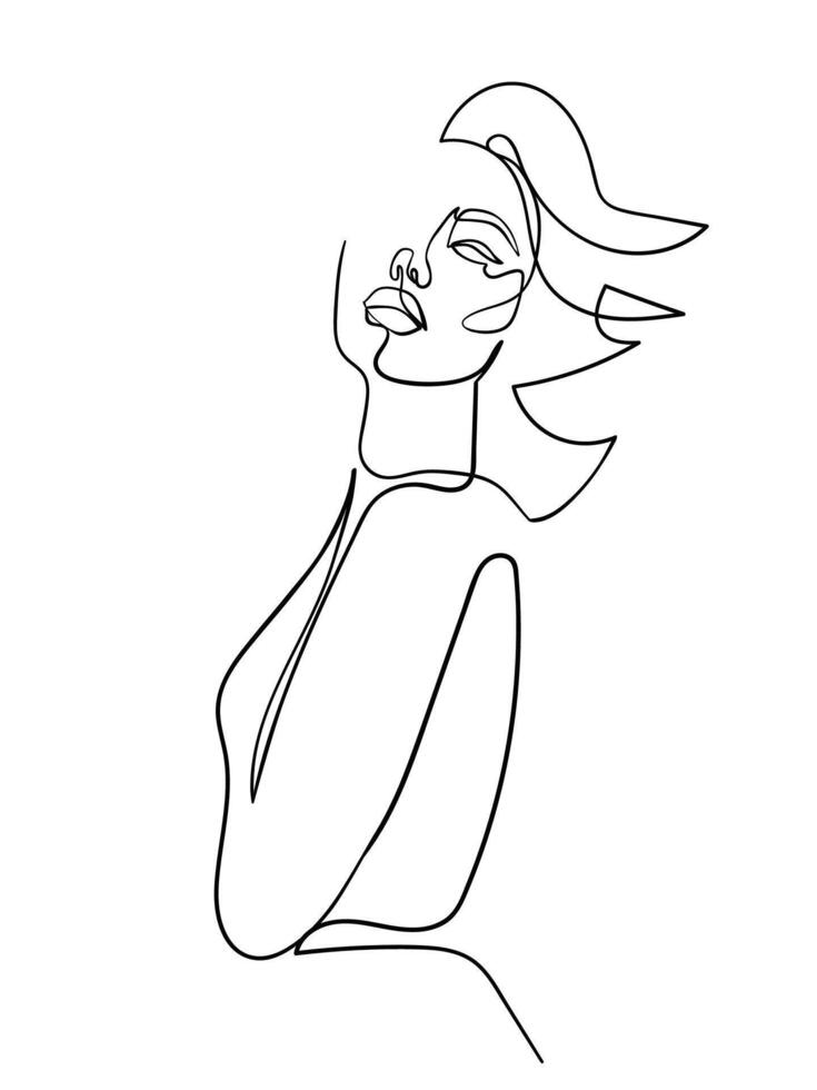 Silhouette of a young woman with a raised chin and fluttering hair in the wind, one line art. vector