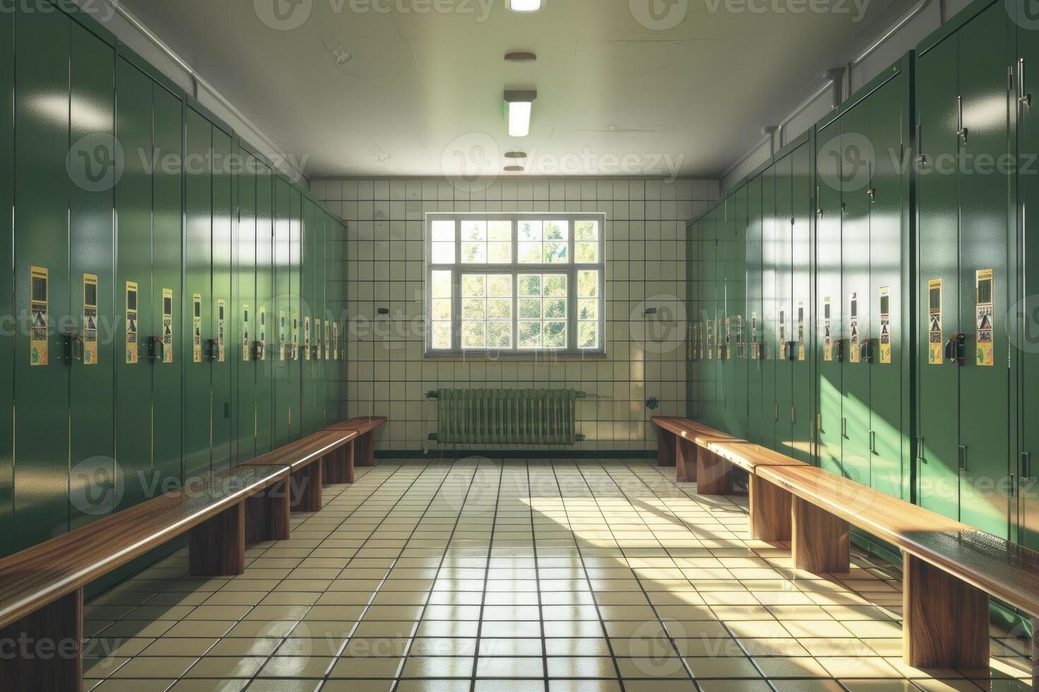 Empty green locker room with benches photo