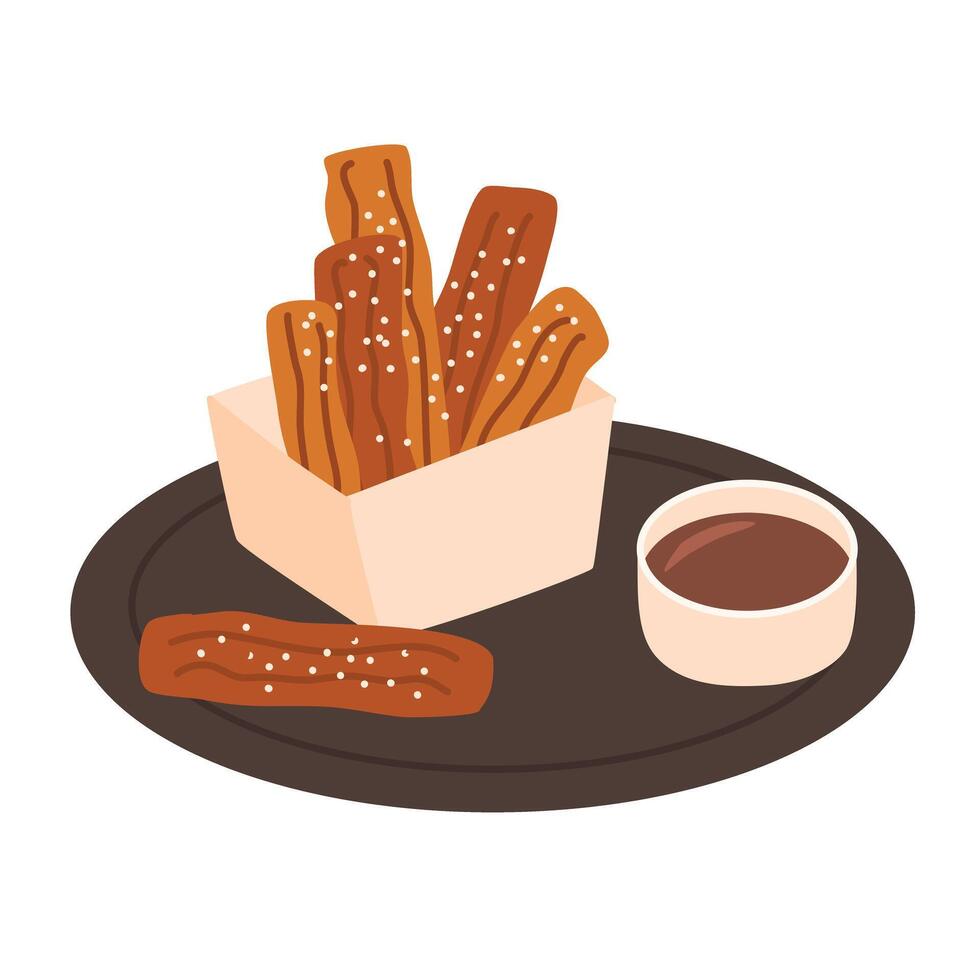 Churros with hot chocolate and powdered sugar vector