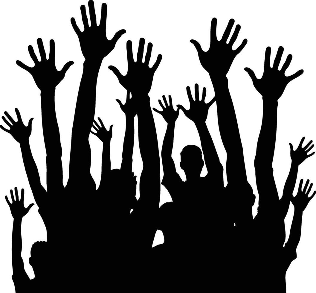 Crowd of People with Hands Up in the Air, Monochrome Black Silhouette