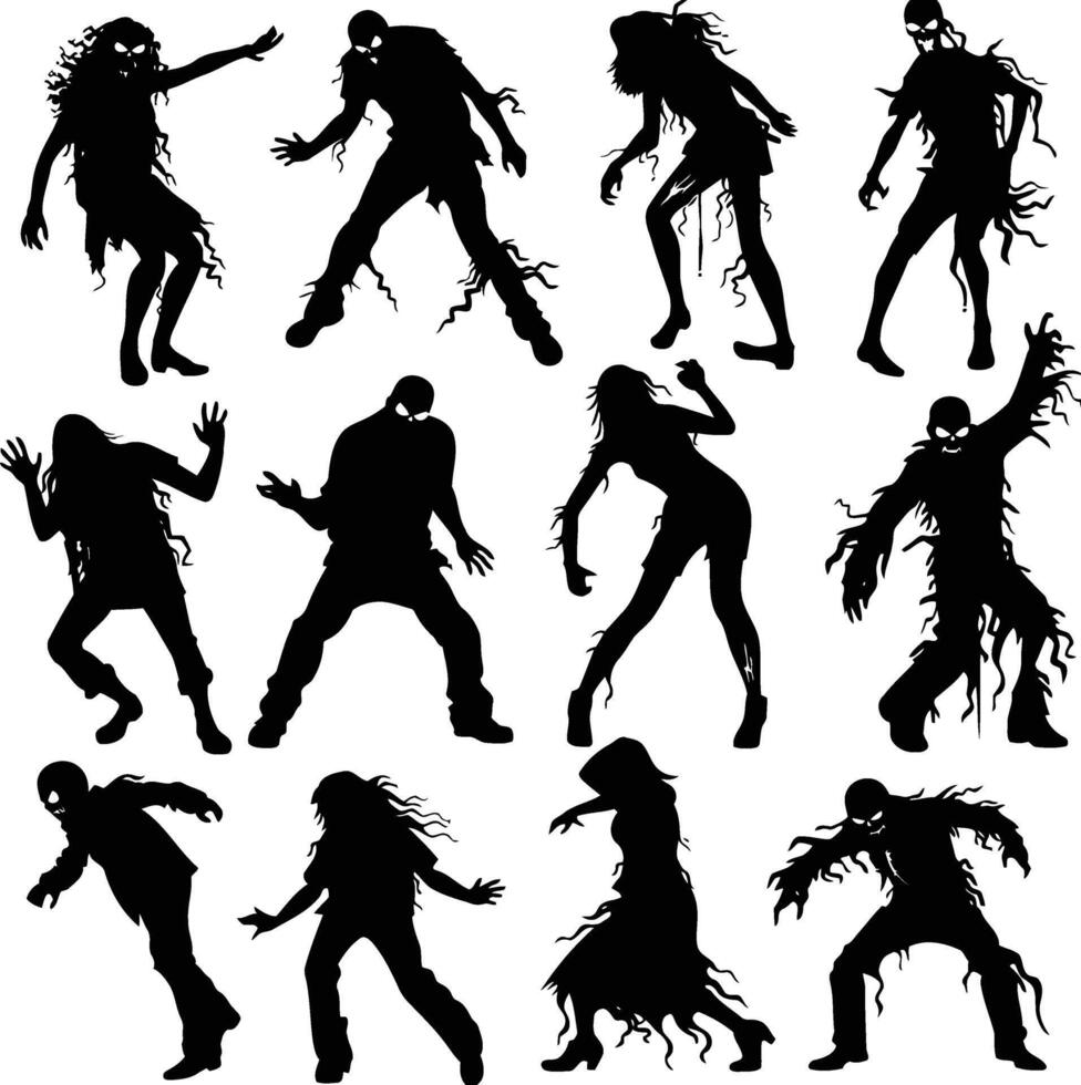 Silhouette of Dancing Zombie People, Isolated Illustration on White Background, Perfect for Halloween and Spooky Event Designs vector