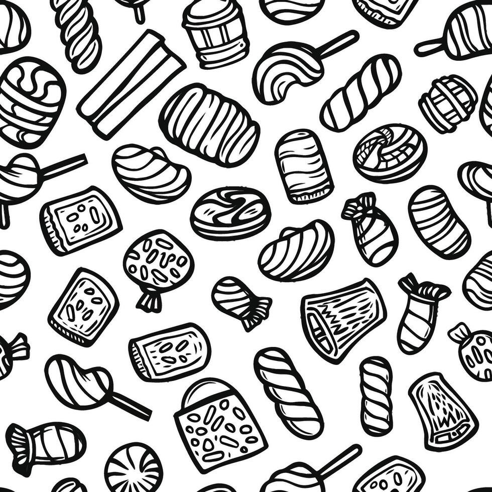 Delightful Candy Pattern, Line Art Illustration in Simple Drawing Style, Featuring White, Black, and Gray Backgrounds, Perfect for Sweet-themed Designs and Festive Decor vector