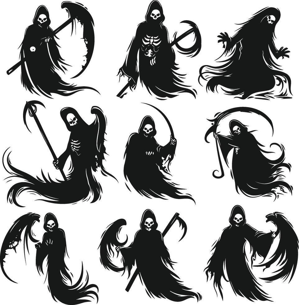 Grim Reaper Skeleton Characters, With and Without Scythe, Perfect for Halloween, Tattoo Designs, and Spooky Artwork vector