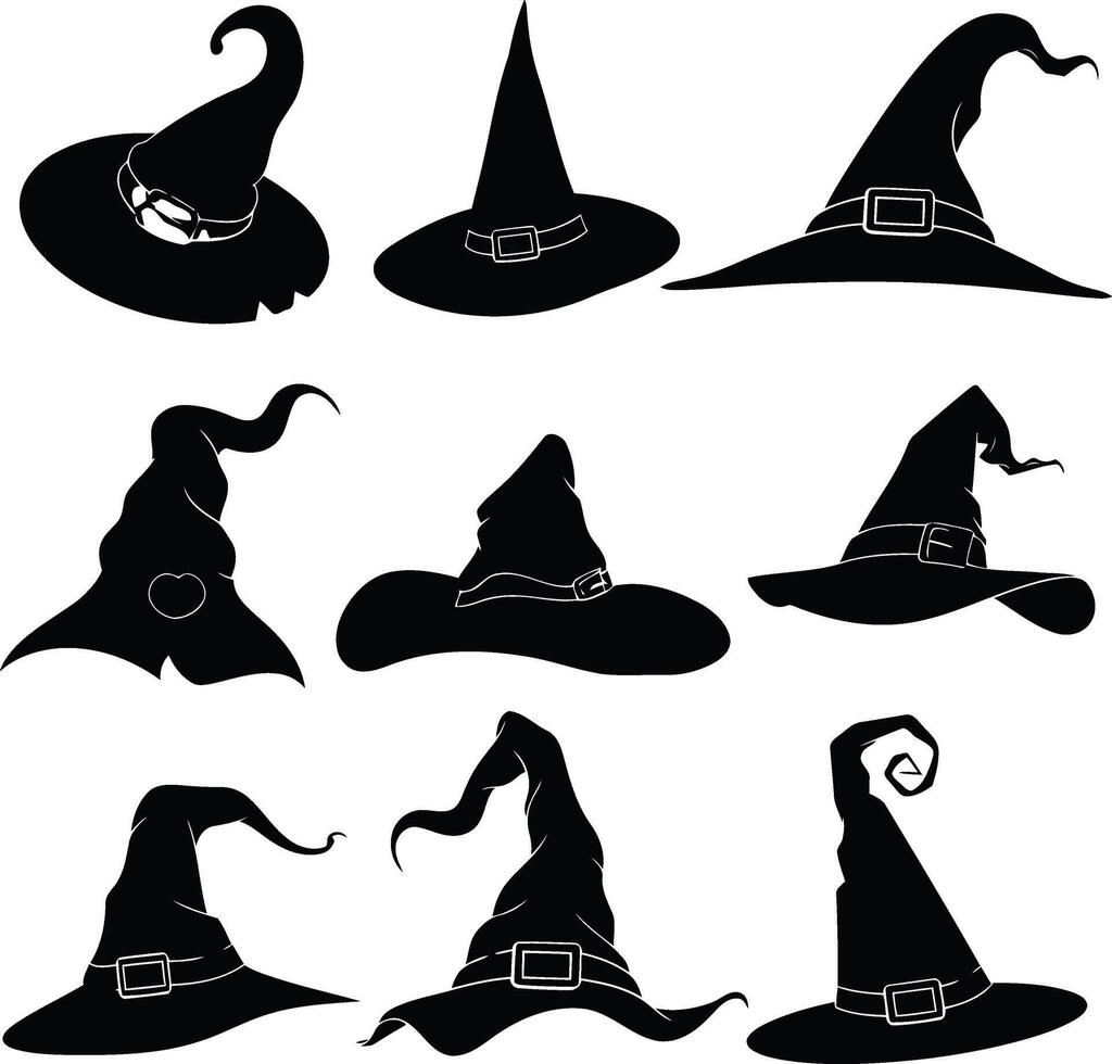 Captivating Witch Hat Silhouette Collection, Immerse Yourself in Halloween Vibes with Illustrations of Spooky Black Horror Witch Hats, Perfect for Hauntingly Creative Designs vector