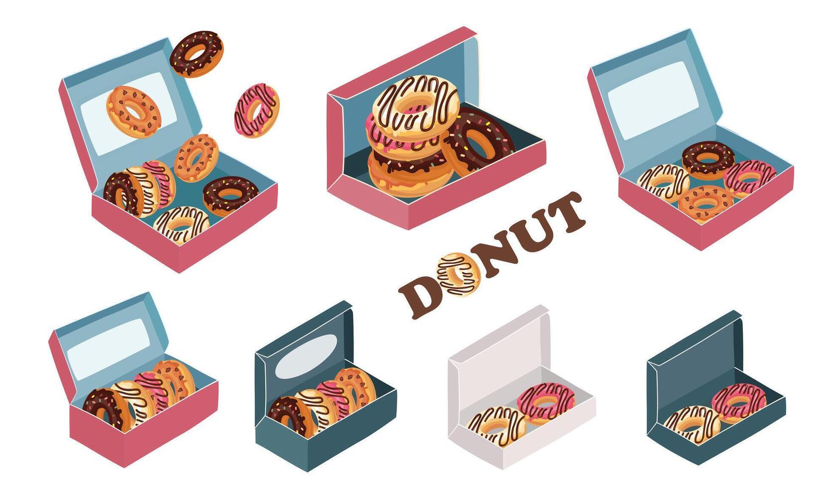 Donut set. Donut box or doughnut box clipart. Sweet food or dessert. Flat in cartoon style isolated on white background. vector