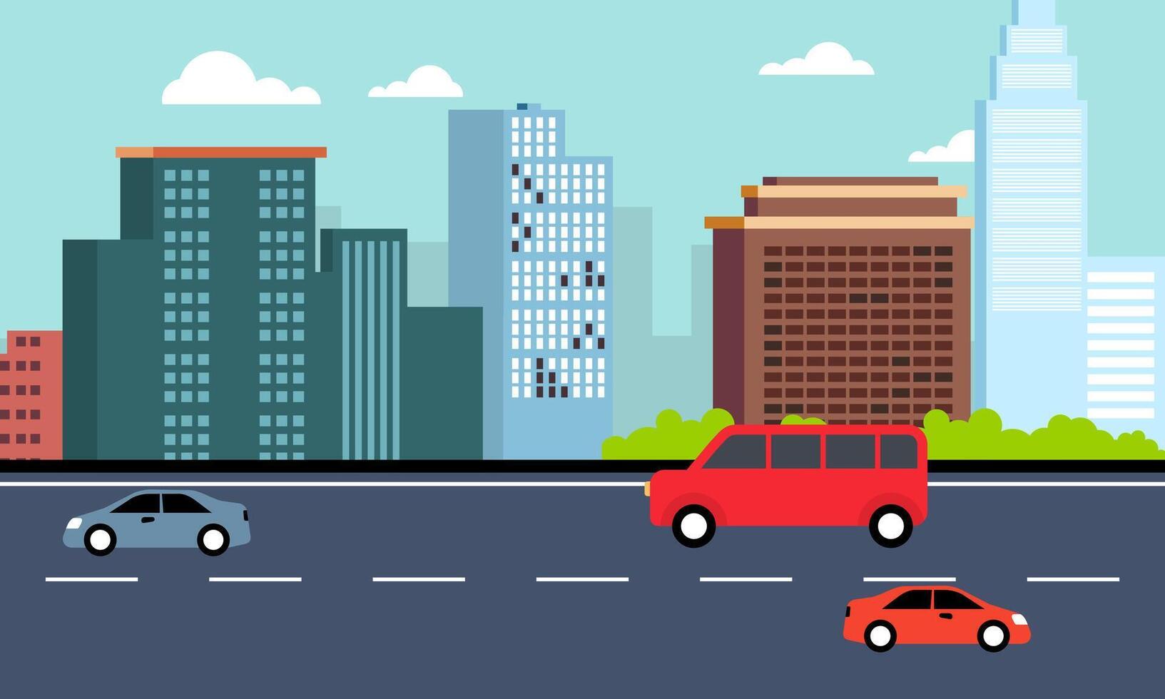 Cars Vehicle in City Road Traffic with Cityscape in Bright Day vector