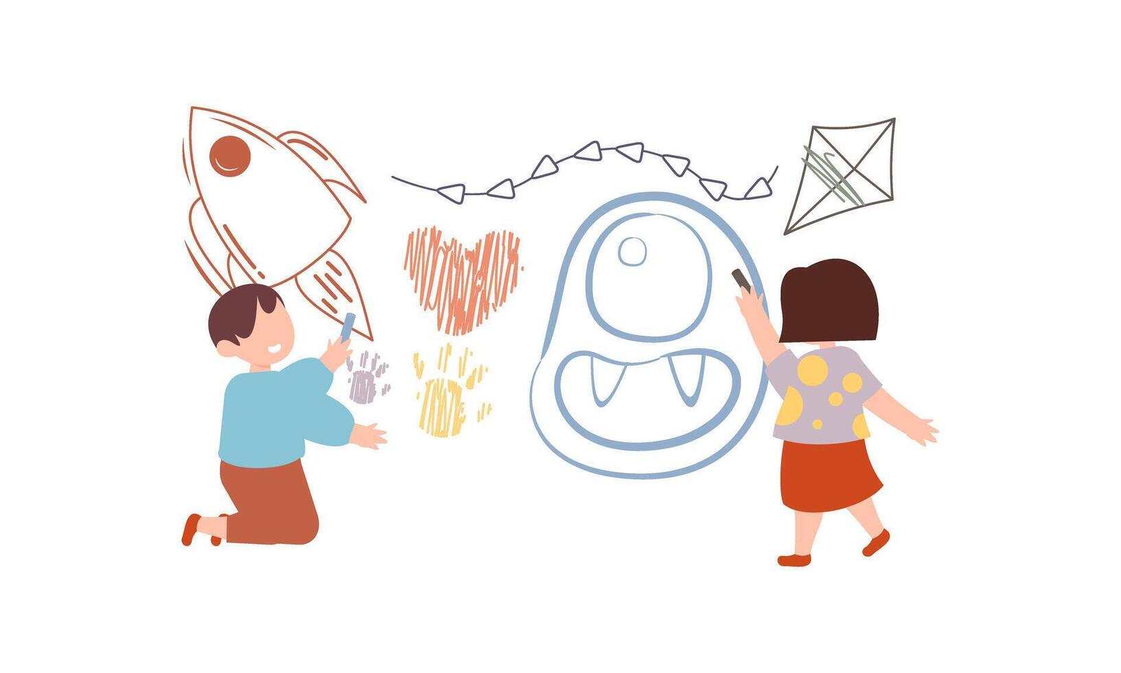 Children drawing on wall. Happy creative kids painting with colored crayon vector