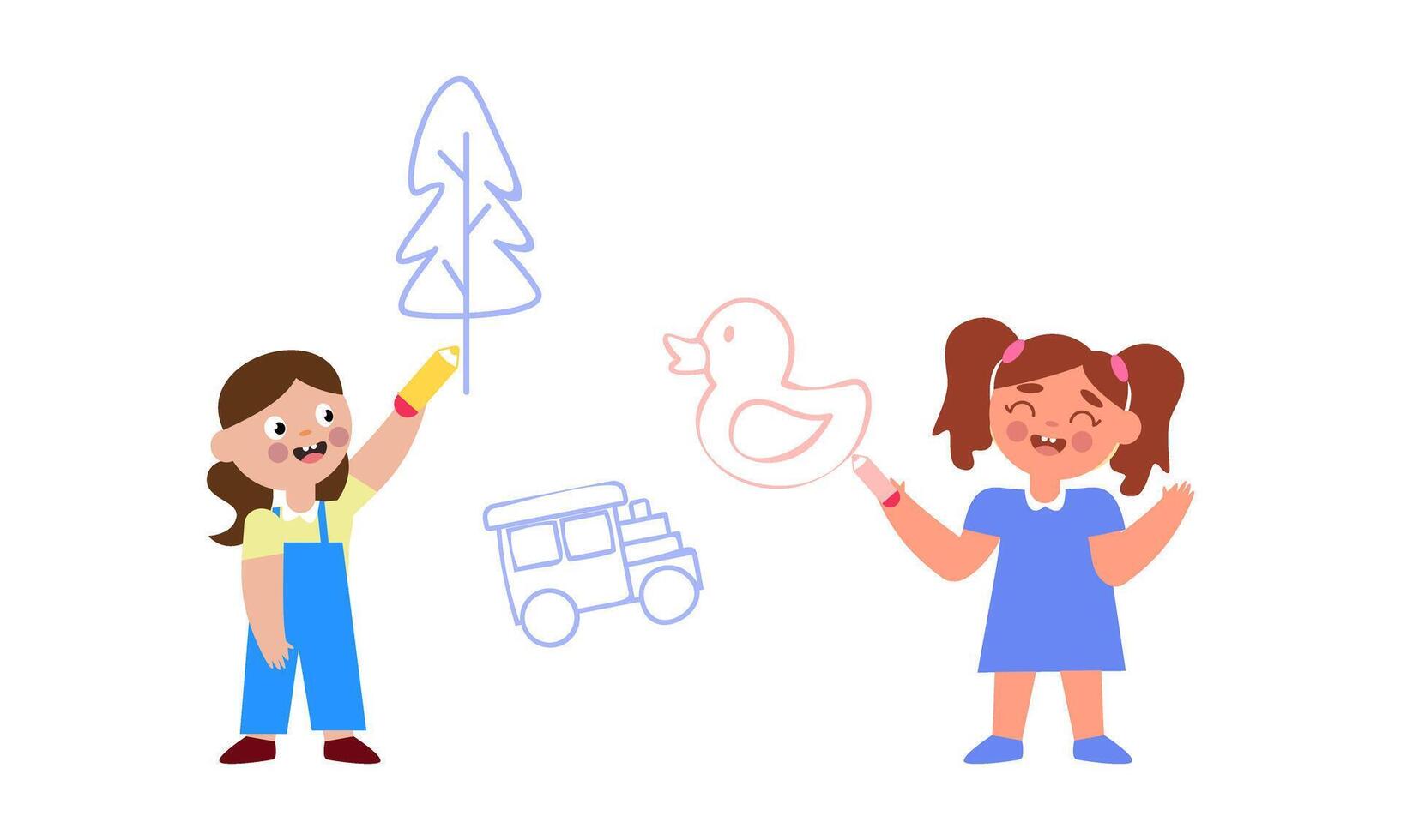 Children drawing on wall. Happy creative kids painting with colored crayon vector