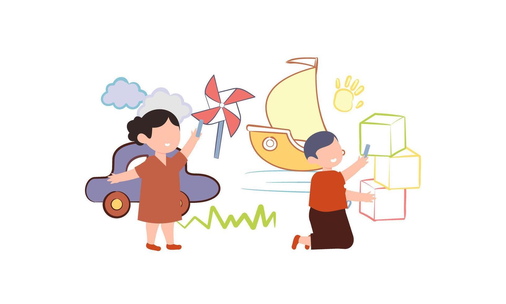 niños dibujo en pared. contento creativo niños pintura con de colores lápiz de color vector
