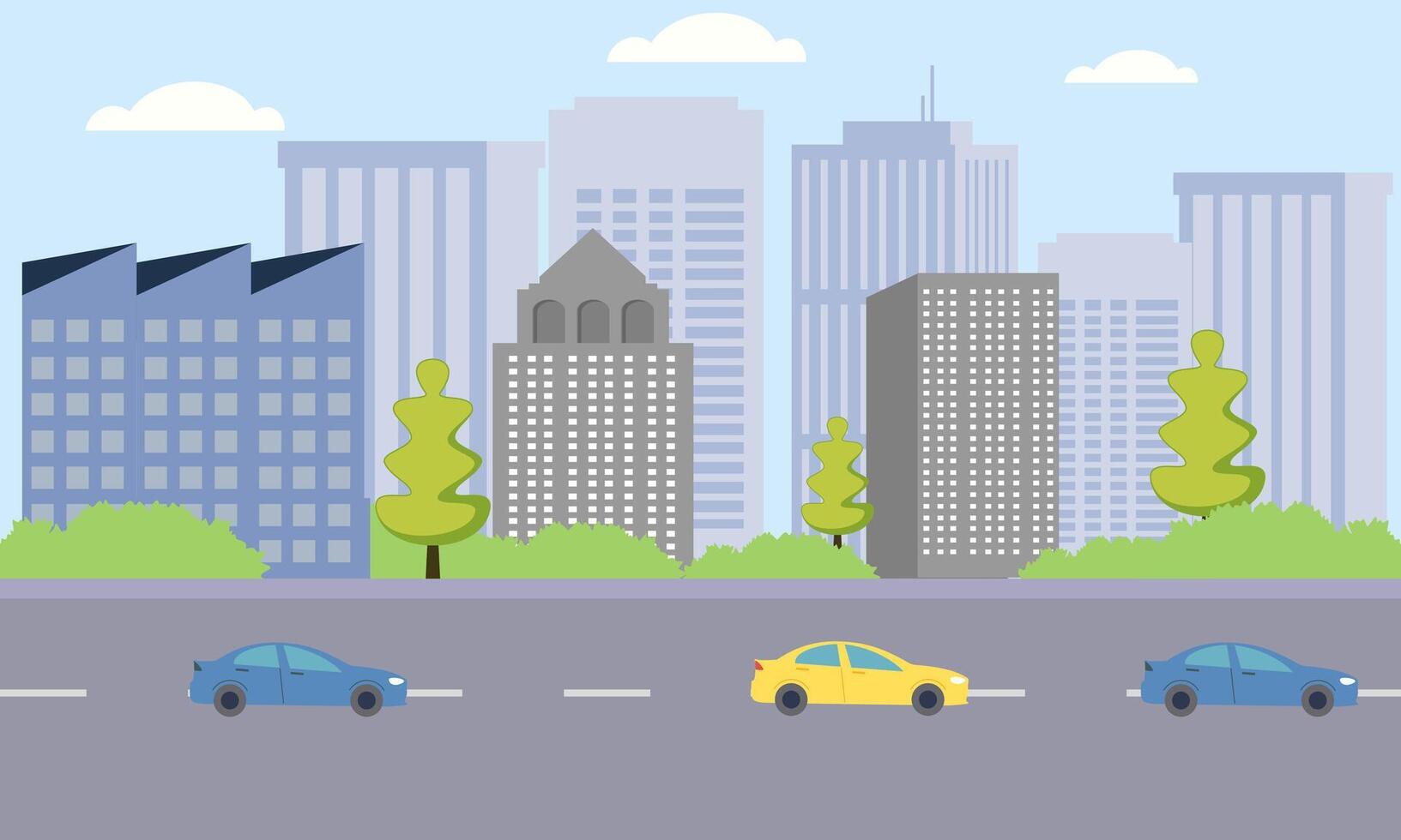 Cars Vehicle in City Road Traffic with Cityscape in Bright Day vector