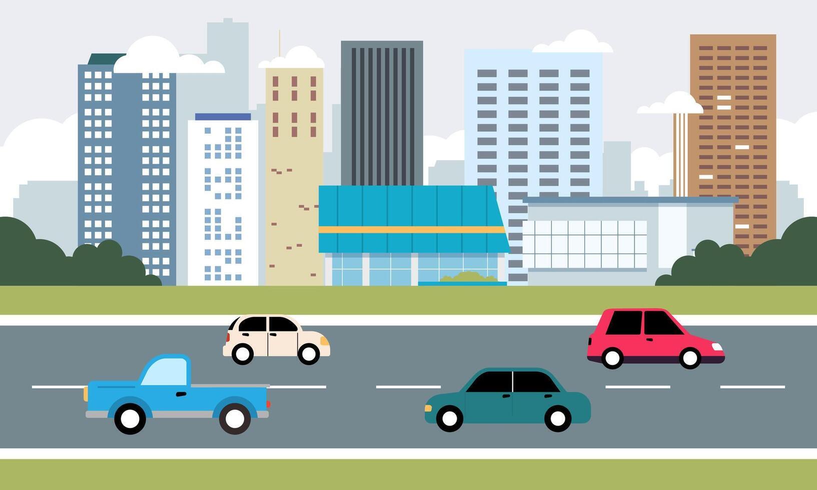 Cars Vehicle in City Road Traffic with Cityscape in Bright Day vector