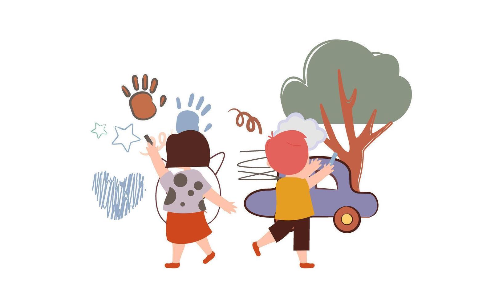 Children drawing on wall. Happy creative kids painting with colored crayon vector