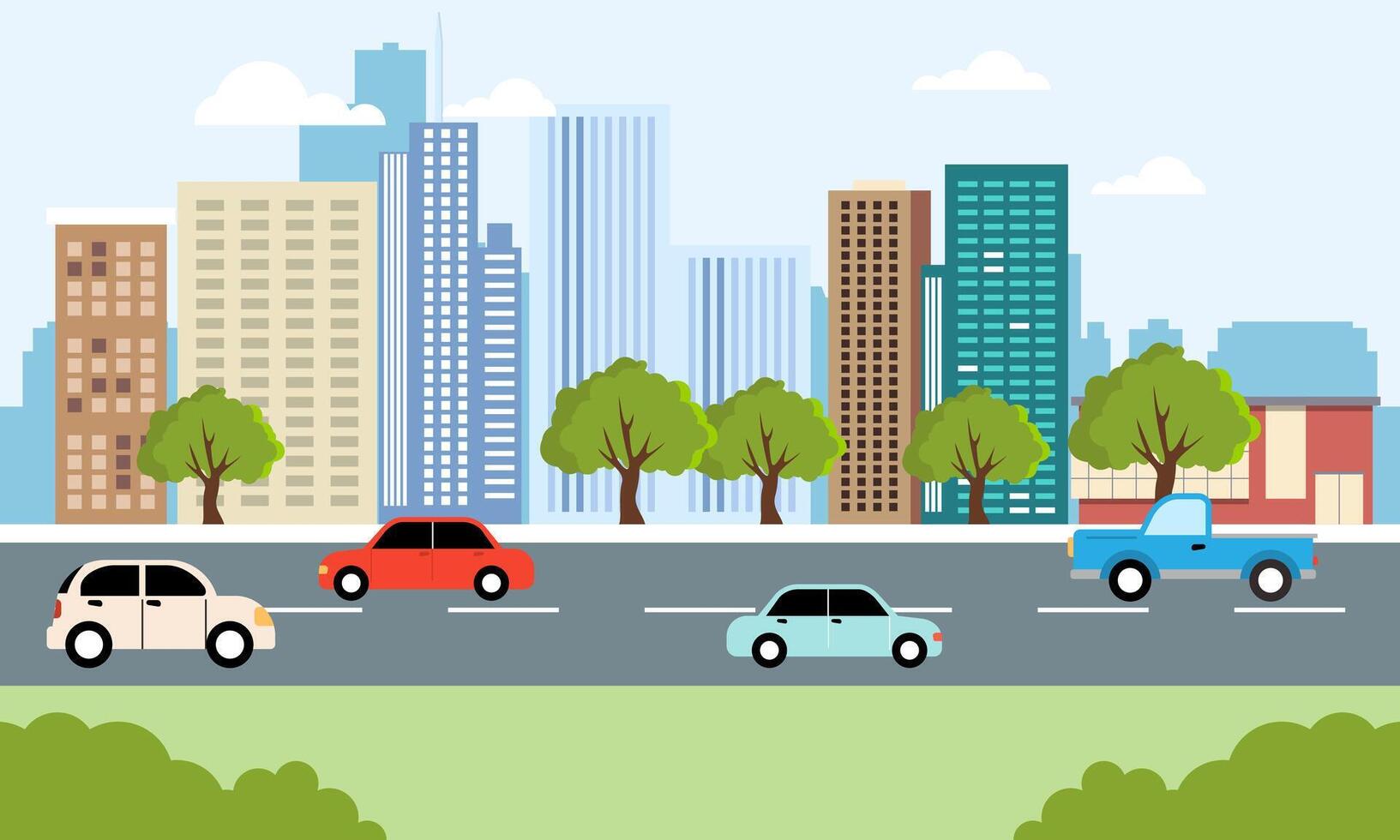 Cars Vehicle in City Road Traffic with Cityscape in Bright Day vector