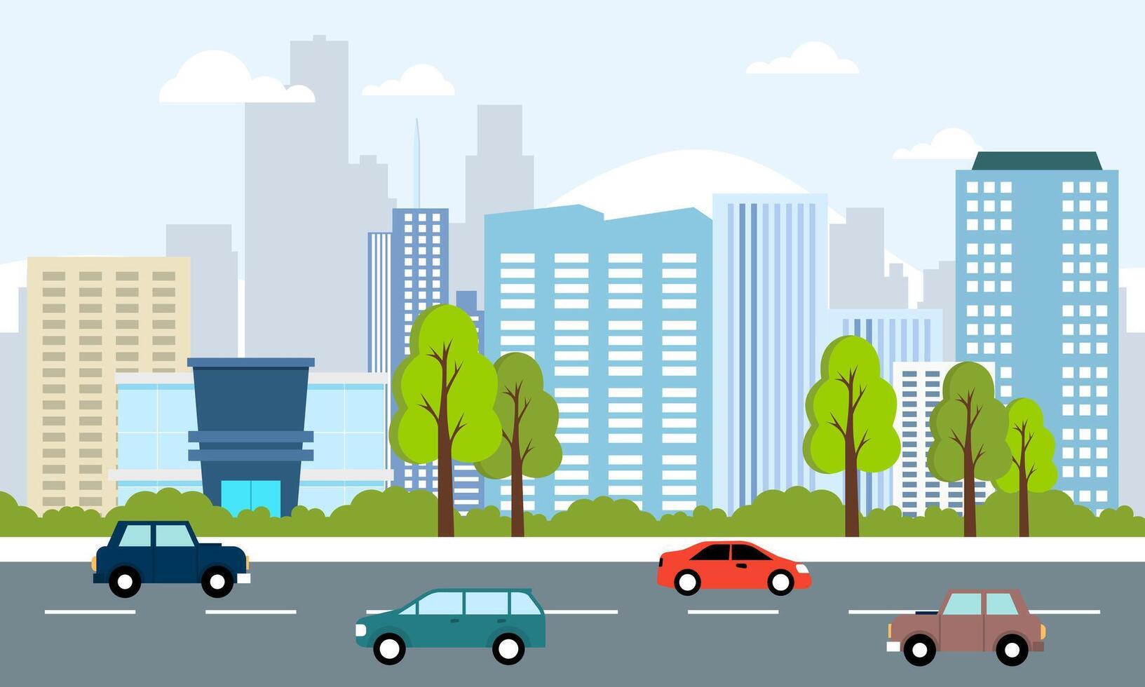 Cars Vehicle in City Road Traffic with Cityscape in Bright Day vector