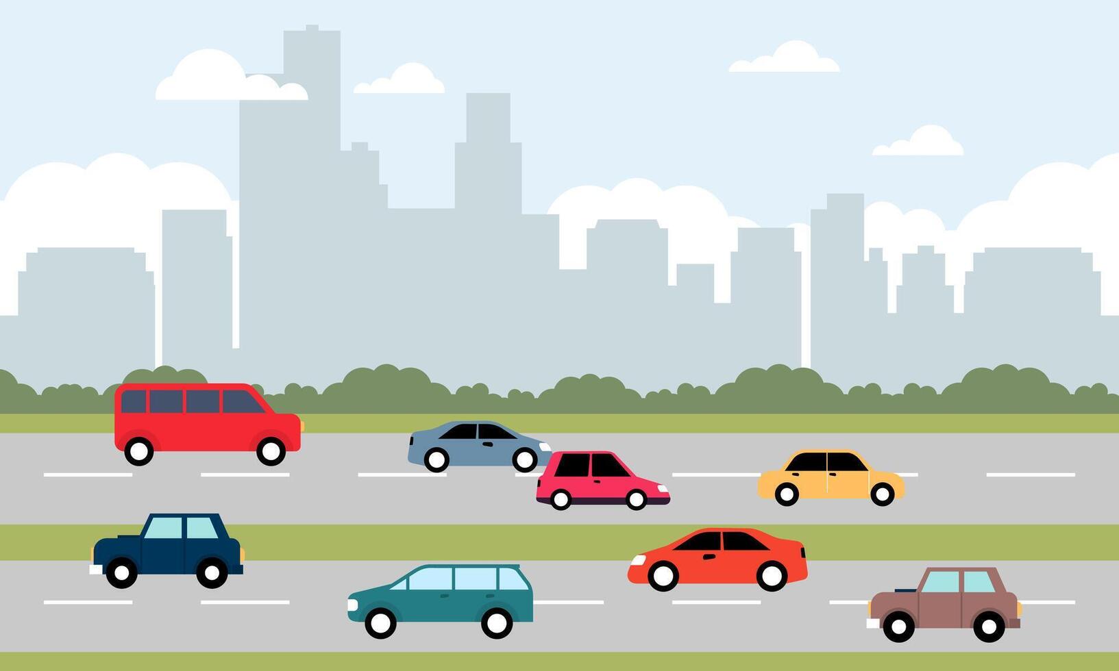 Cars Vehicle in City Road Traffic with Cityscape in Bright Day vector
