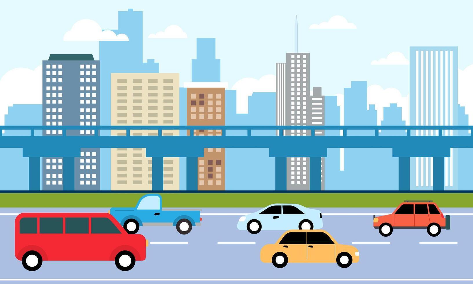 Cars Vehicle in City Road Traffic with Cityscape in Bright Day vector