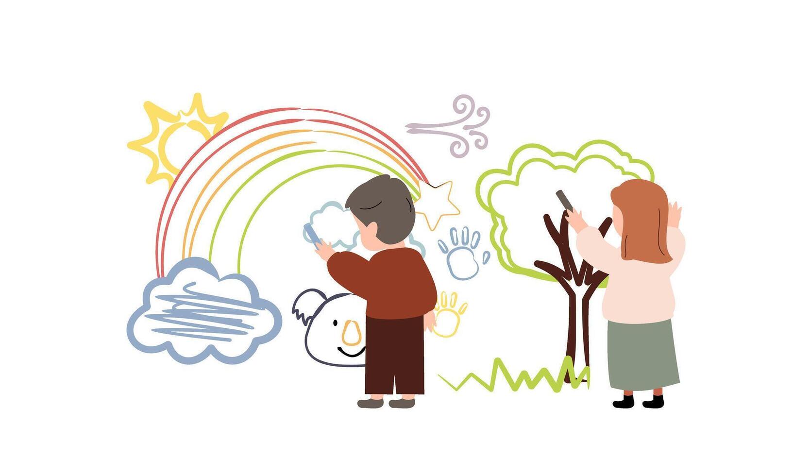 Children drawing on wall. Happy creative kids painting with colored crayon vector